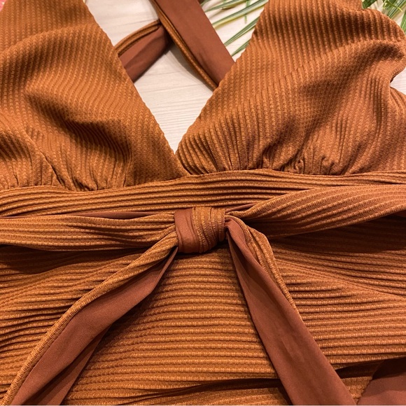 L*Space Brown Allegra Plunge Tie Ribbed Classy One Piece Swimsuit in Coffee - Picture 6 of 15